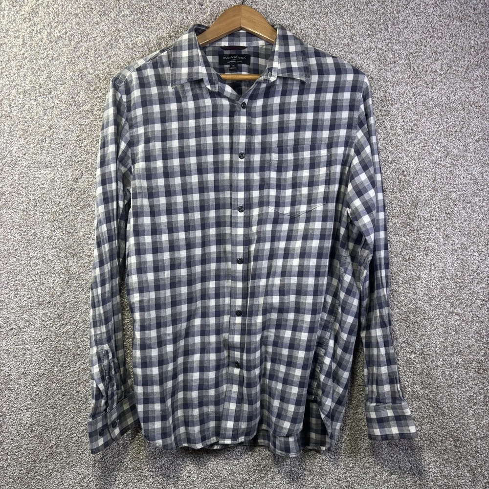 Banana Republic Shirt Mens Medium Blue Gray Check Lightweight Flannel Button Up